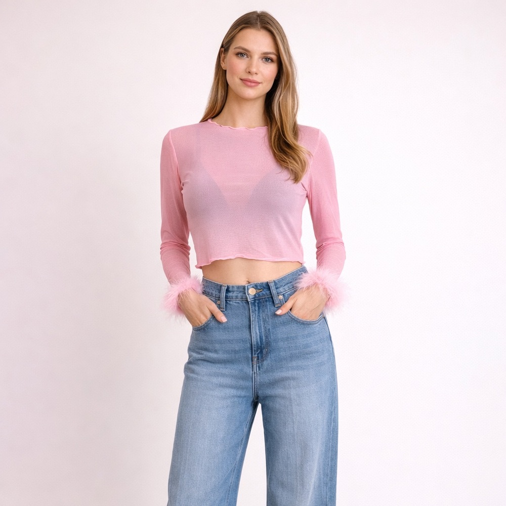 Y2K Pink Sheer Mesh Crop Top Feather Trim Long Sleeve Size L